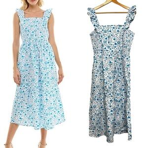 Draper James Cotton Floral Blue Paisley Poplin Tiered Midi Dress Large Ruffle